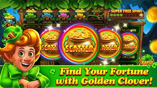 Promotional banner for Golden Clover slot game featuring a cheerful leprechaun, glowing scatter symbols of gold pots, and the text 'Find Your Fortune with Golden Clover!